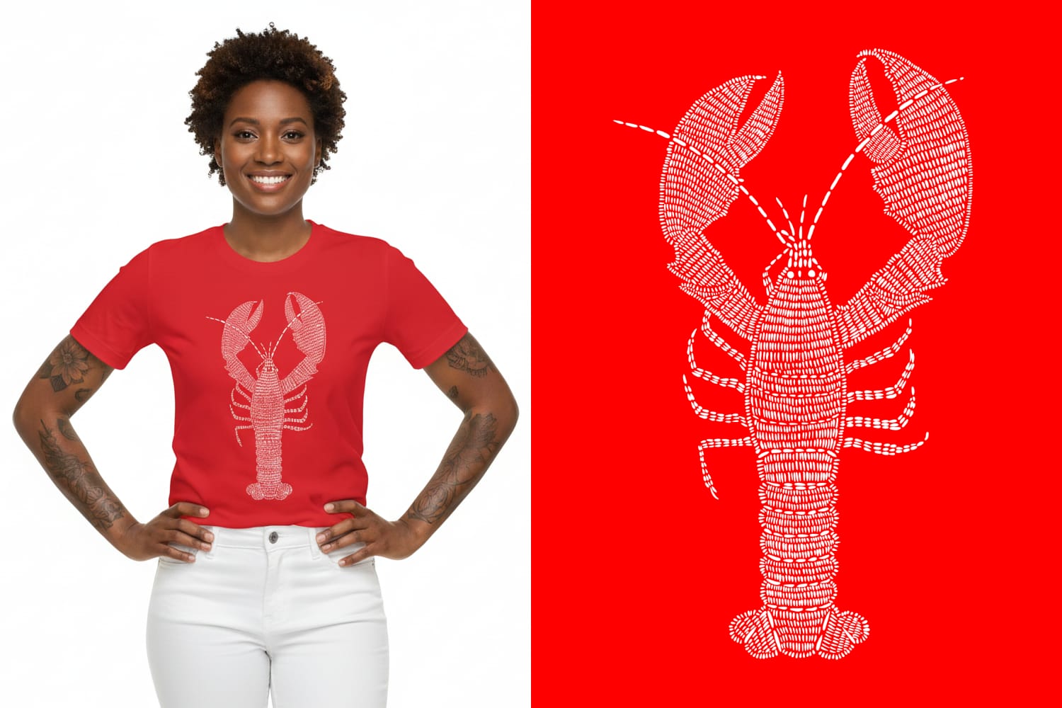 Model wearing tshirt with lobster